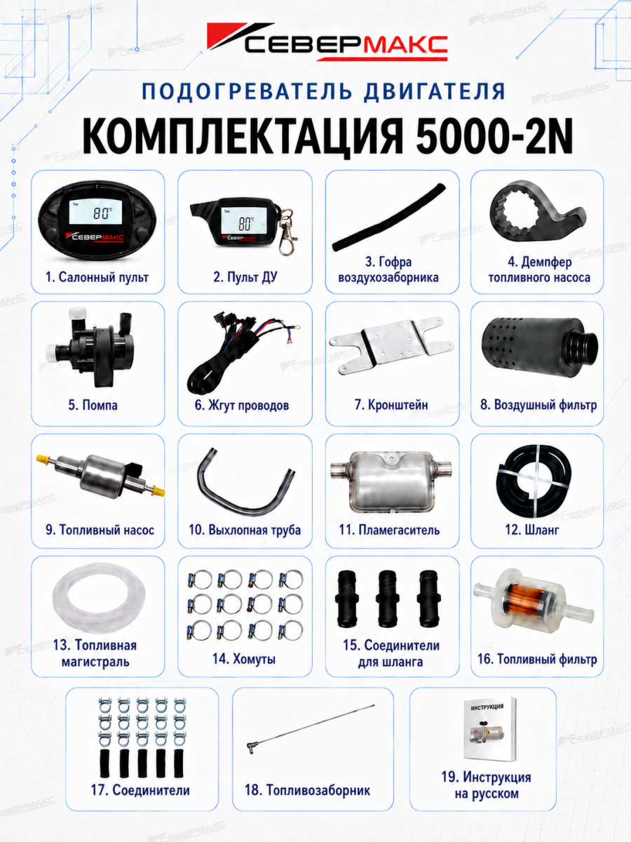 Предпусковой подогреватель двигателя СЕВЕРМАКС 5000-2N, 12V с пультом ДУ