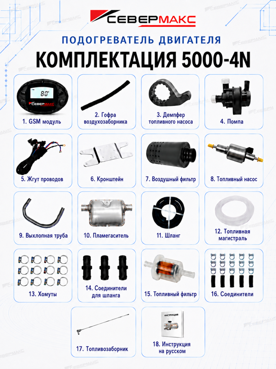 Предпусковой подогреватель двигателя СЕВЕРМАКС 5000-4N, 12V с GSM